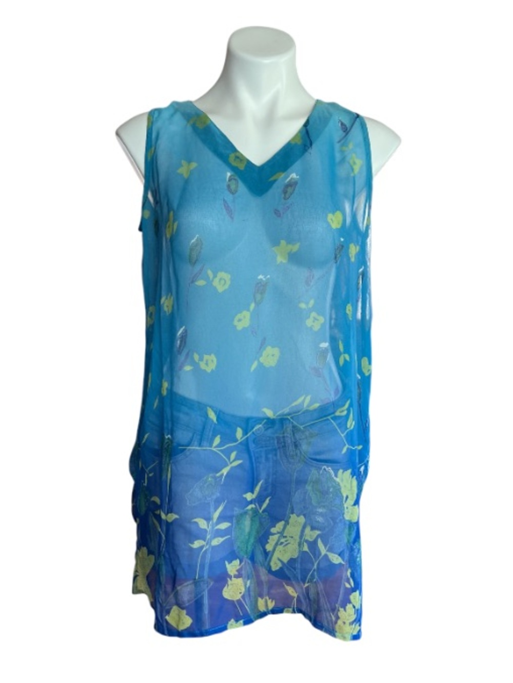 Blue Floral Sheer V-Neck Sleeveless Blouse